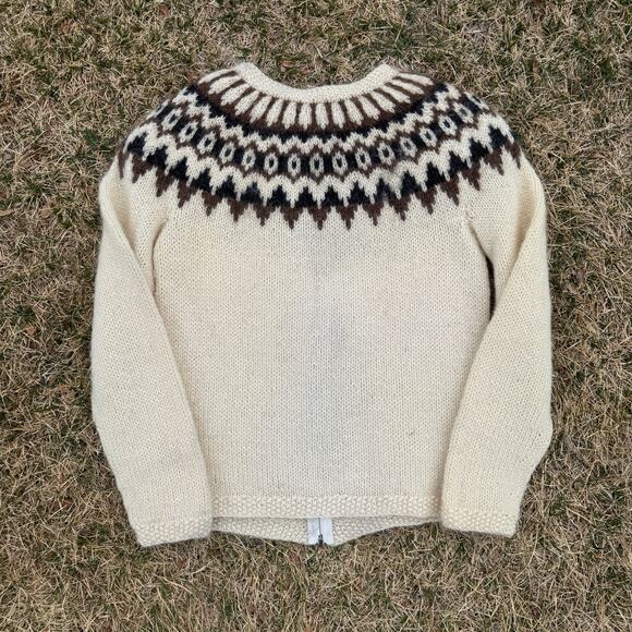 Women's Vintage 90's Icelandic Wool White Brown Zip Up Sweater Jacket Sz Medium - Picture 2 of 7